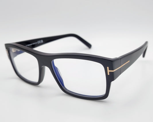 tom ford tf5486 001 gafas graduadas montura rectangular de acetato negro, detalle metálico en forma de t en las varillas
