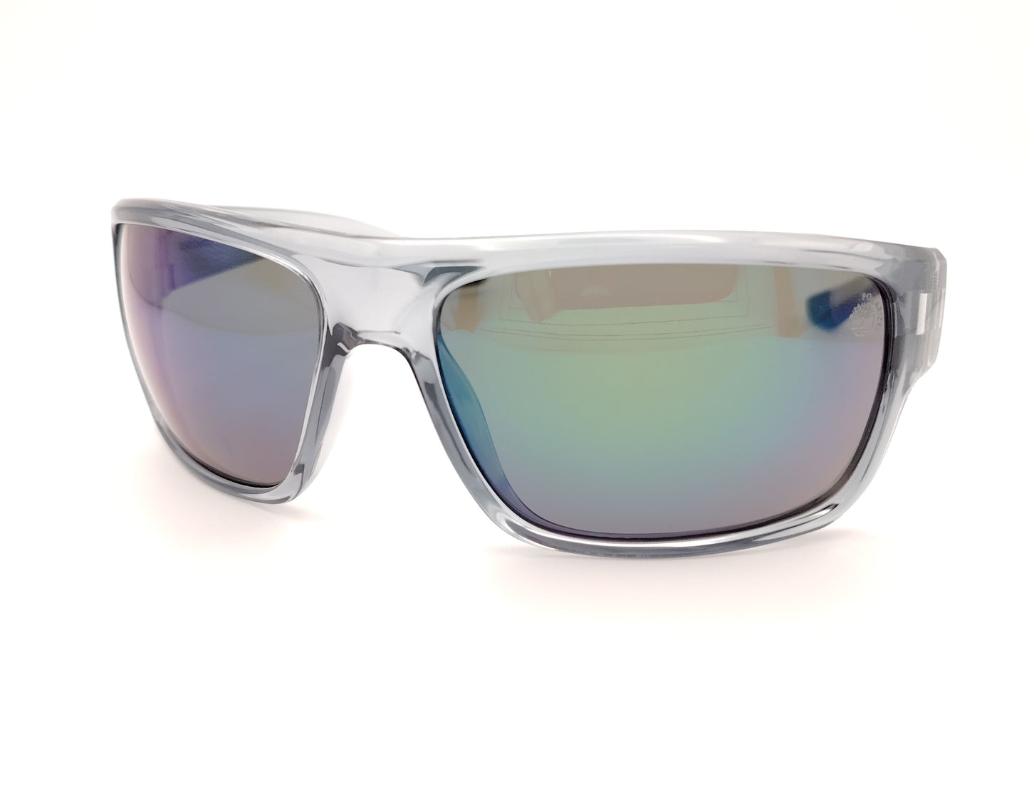 gafas de sol polarizadas gris translucido con lentes espejo iridiscentes azul y verde