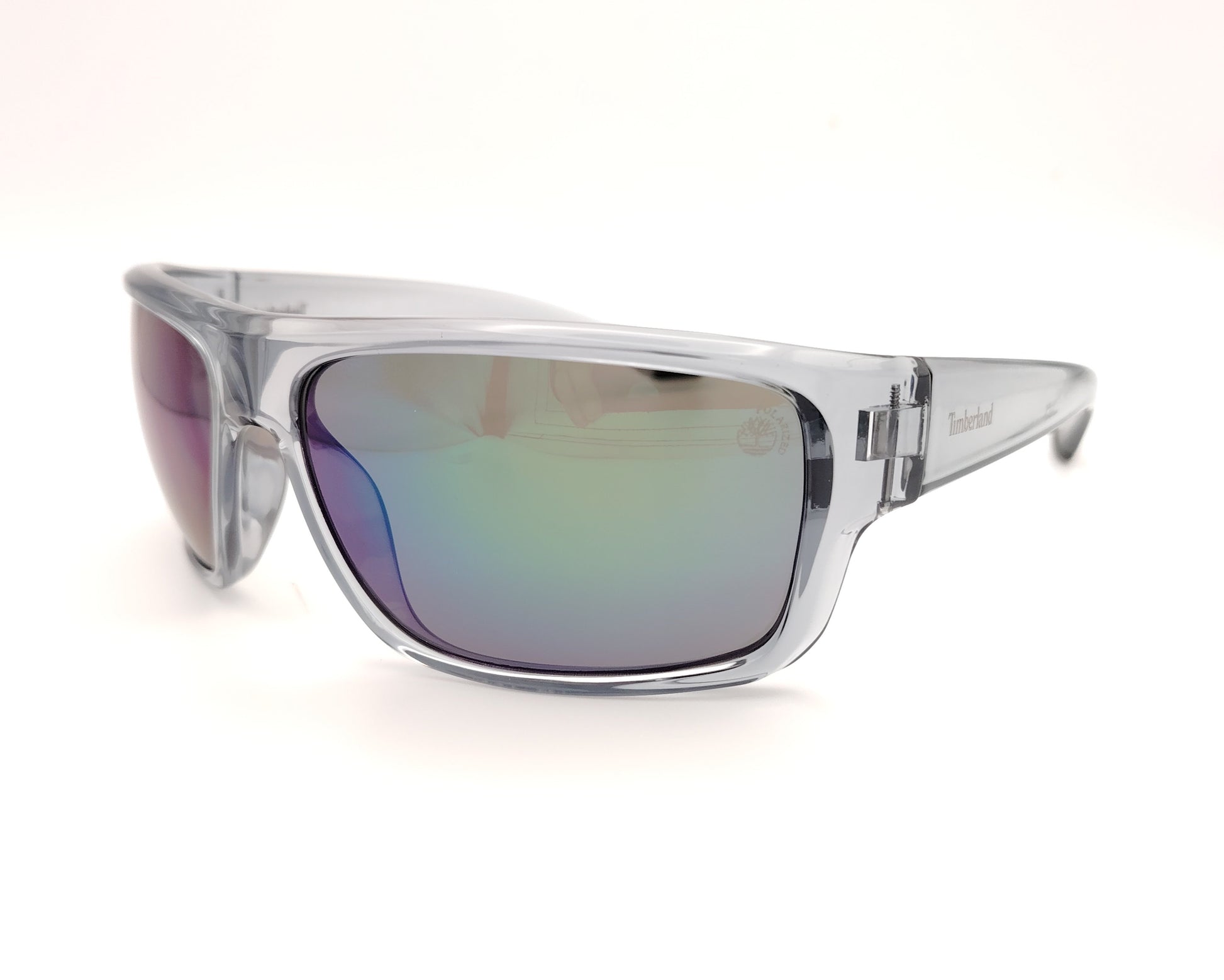 gafas de sol polarizadas gris translucido con lentes espejo iridiscentes azul y verde