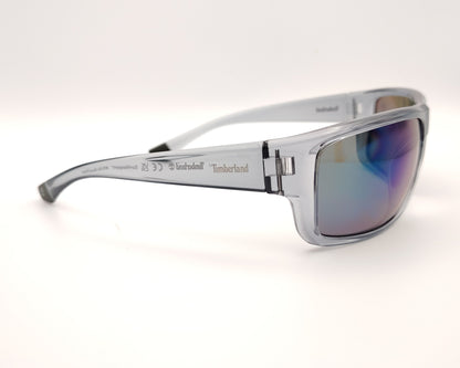 gafas de sol polarizadas gris translucido con lentes espejo iridiscentes azul y verde