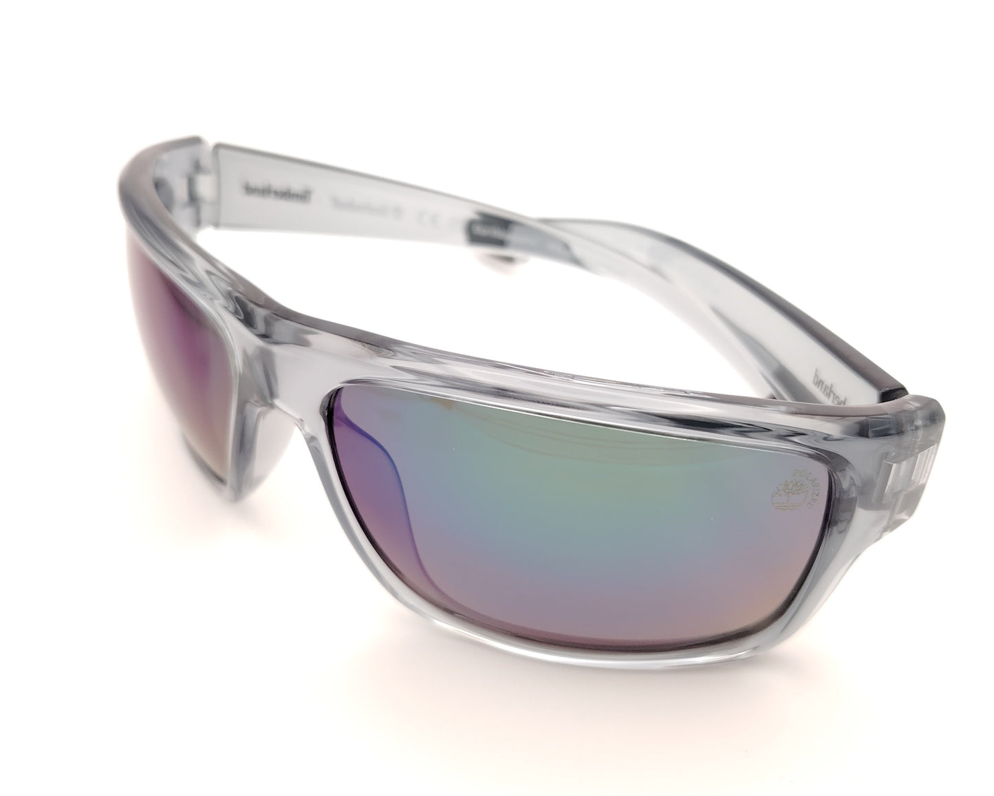 gafas de sol polarizadas gris translucido con lentes espejo iridiscentes azul y verde