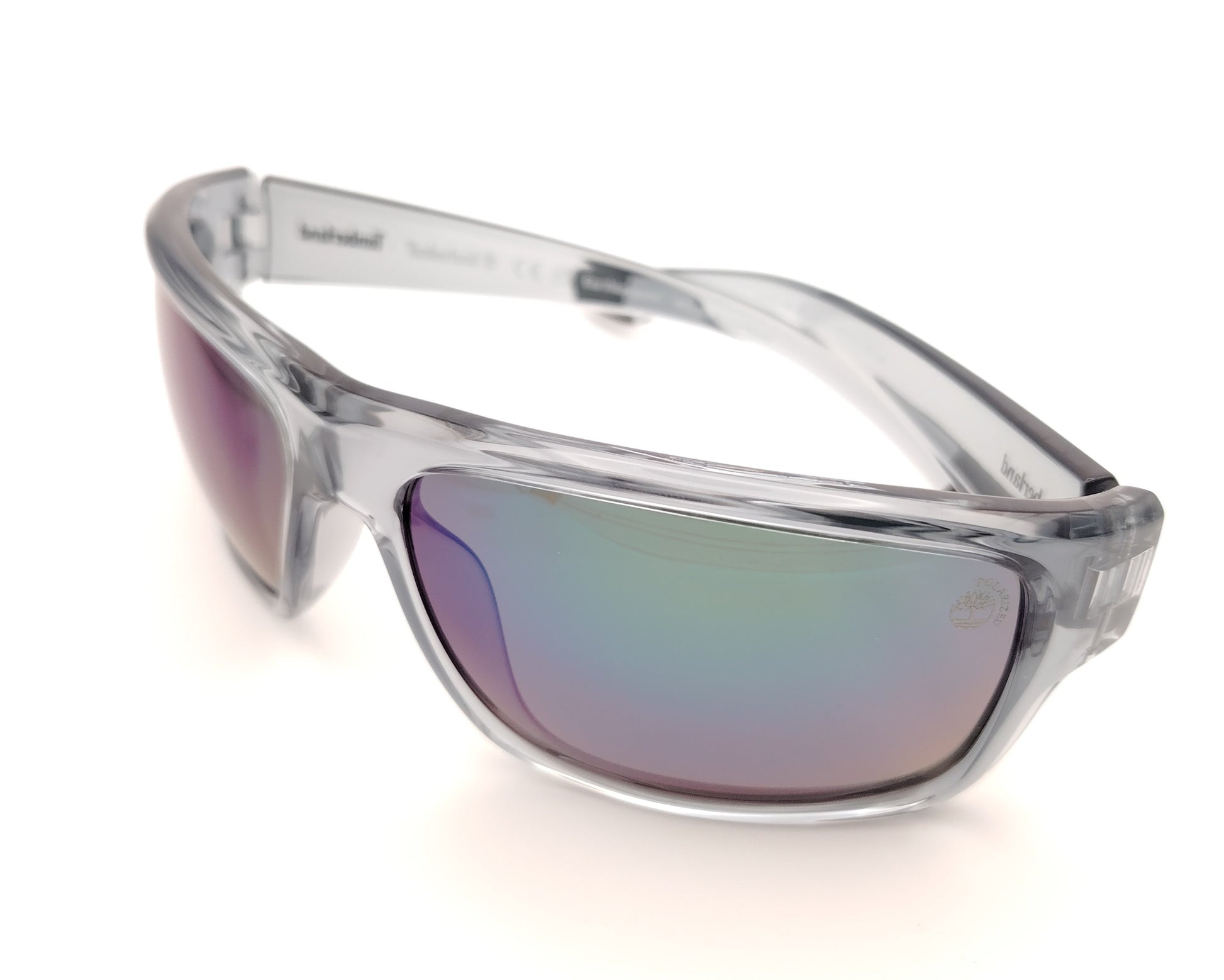 gafas de sol polarizadas gris translucido con lentes espejo iridiscentes azul y verde