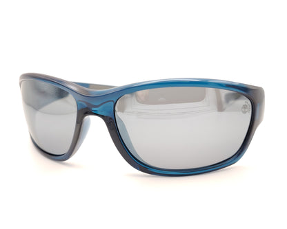 gafas de sol polarizadas azul translúcido con lentes espejo gris y diseño deportivo envolvente