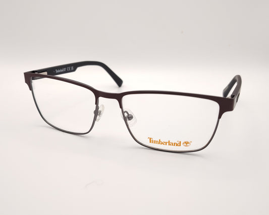 gafas de vista timberland con montura rectangular de metal en color burdeos y gris plomo con varillas negras de acabado mate