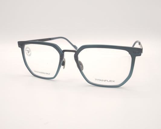 gafas titanflex cuadradas azul grisáceo translúcido con varillas metálicas negras