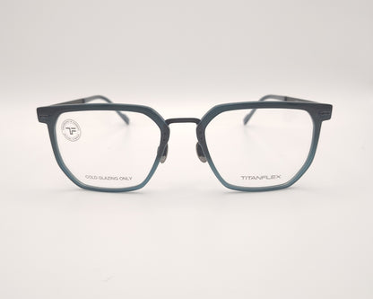 gafas titanflex cuadradas azul grisáceo translúcido con varillas metálicas negras