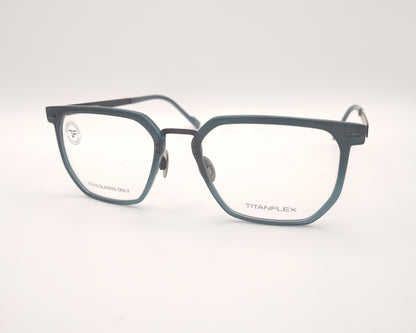 gafas titanflex cuadradas azul grisáceo translúcido con varillas metálicas negras
