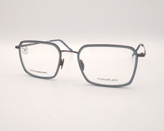 gafas titanflex rectangulares con montura gris oscuro y borde azul translúcido