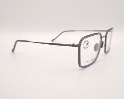 gafas titanflex rectangulares con montura gris oscuro y borde azul translúcido