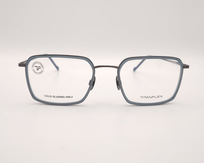 gafas titanflex rectangulares con montura gris oscuro y borde azul translúcido
