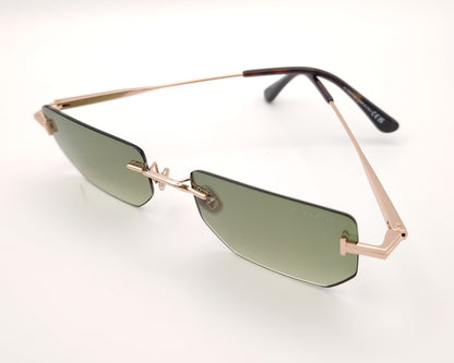 gafas de sol tom ford sin montura con lentes verdes y varillas metálicas doradas
