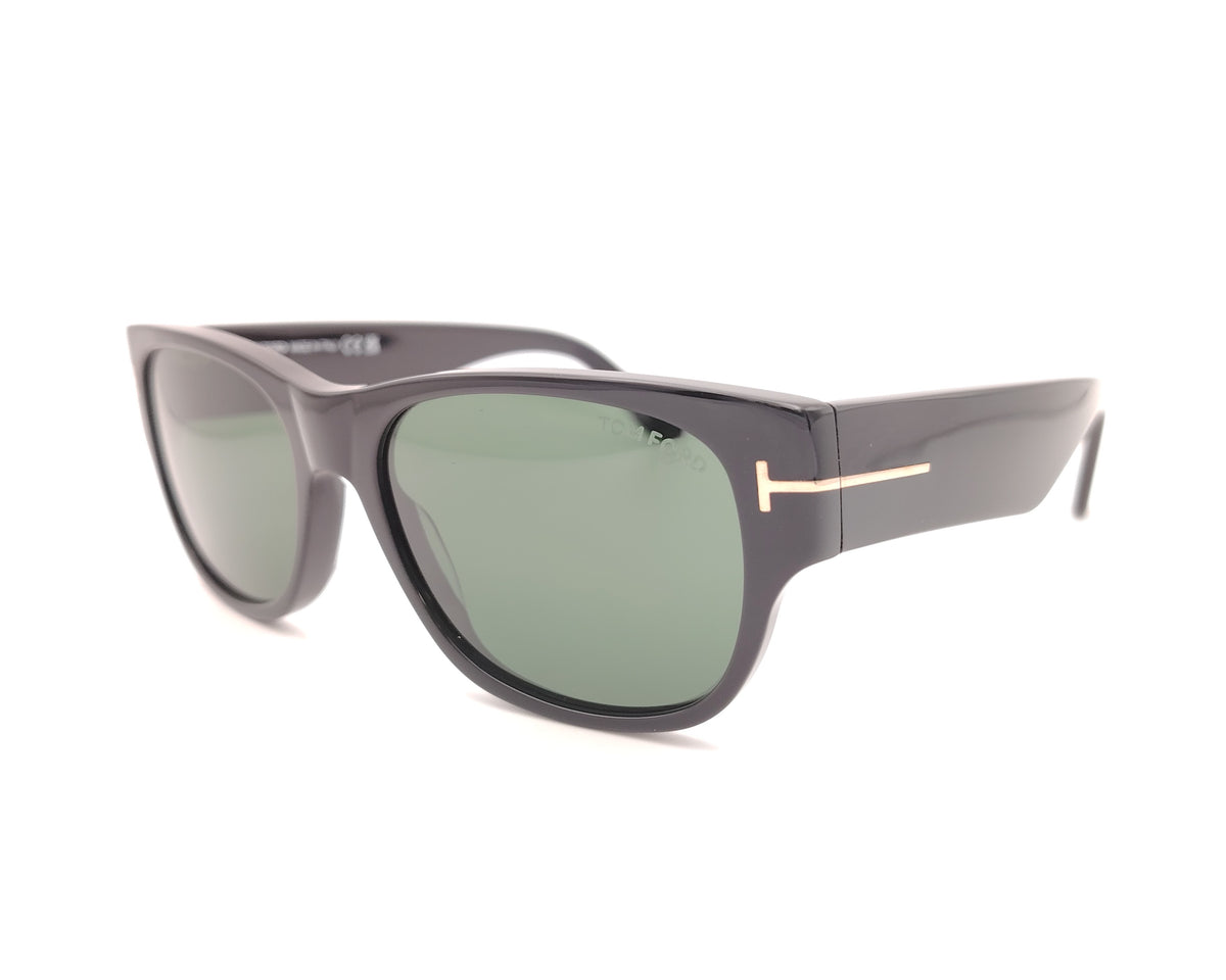 gafas de sol tom ford tf1405 01n de acetato negro brillante con lentes verdes y varillas anchas con detalle metálico dorado