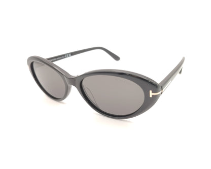 gafas de sol tom ford tf1413 01a ovaladas de acetato negro brillante con lentes oscuras y detalle metálico dorado en las varillas