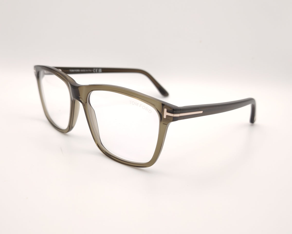 gafas graduadas tom ford tf5479 096 de acetato verde oliva translúcido con montura rectangular y detalle metálico en forma de t en las varillas
