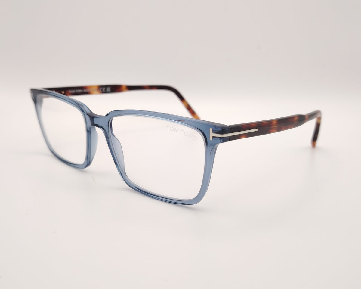 gafas tom ford rectangulares con frontal azul translúcido y varillas de acetato carey