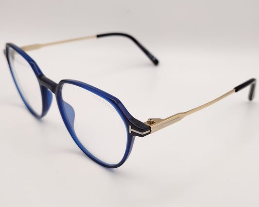 tom ford tf5875b 090 gafas finas de acetato en formato redondeado en color azul intenso traslúcido con las varillas en metal dorado