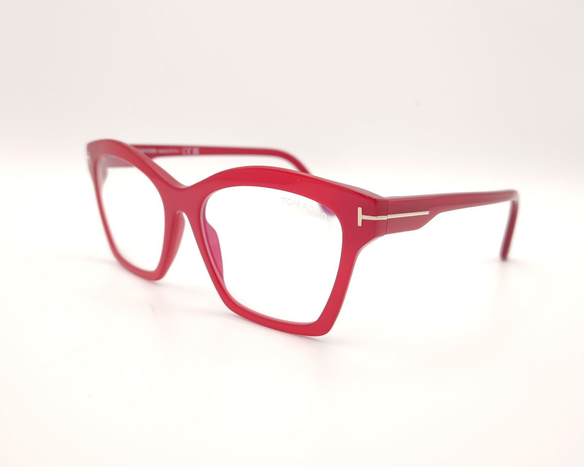 gafas graduadas tom ford tf5965 075 de acetato rojo brillante con forma cat eye geométrica y detalles metálicos en las varillas