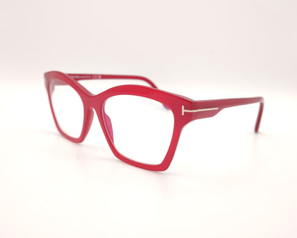 gafas graduadas tom ford tf5965 075 de acetato rojo brillante con forma cat eye geométrica y detalles metálicos en las varillas