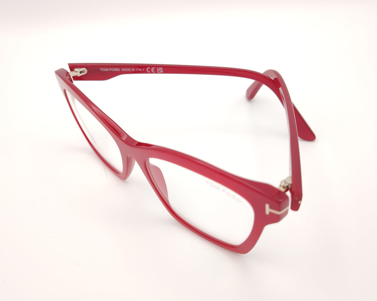 gafas graduadas tom ford tf5965 075 de acetato rojo brillante con forma cat eye geométrica y detalles metálicos en las varillas