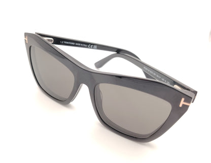 gafas tom ford negras con clip solar magnético y forma cat eye con detalle metálico