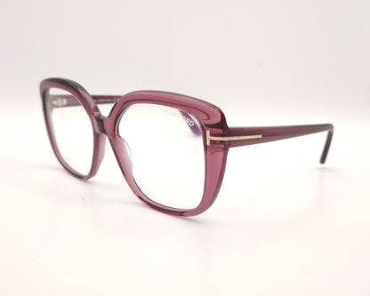 gafas tom ford oversize color ciruela translúcido con detalle metálico dorado