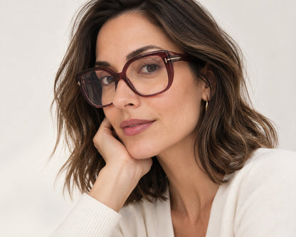 gafas tom ford oversize color ciruela translúcido con detalle metálico dorado