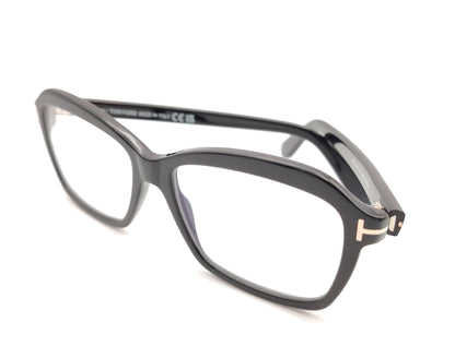 gafas tom ford negras con montura cuadrada y detalles metálicos en las varillas
