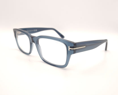 gafas graduadas tom ford rectangulares en azul translúcido con detalle metálico en las varillas