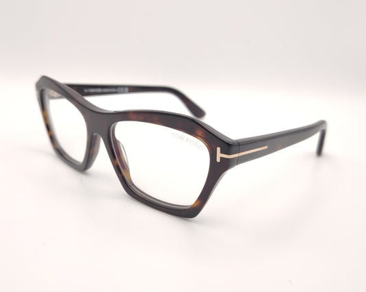 gafas tom ford de carey oscuro con frontal geométrico y detalle metálico en las varillas