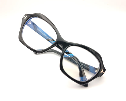 gafas tom ford negras de acetato con frontal geométrico redondeado y detalle metálico en las varillas