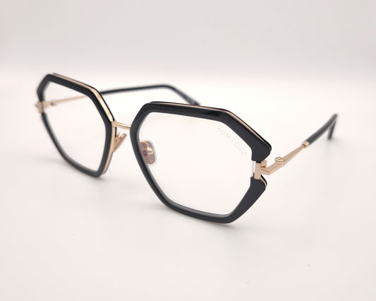 gafas tom ford geométricas negras oversize con detalles dorados y puente metálico