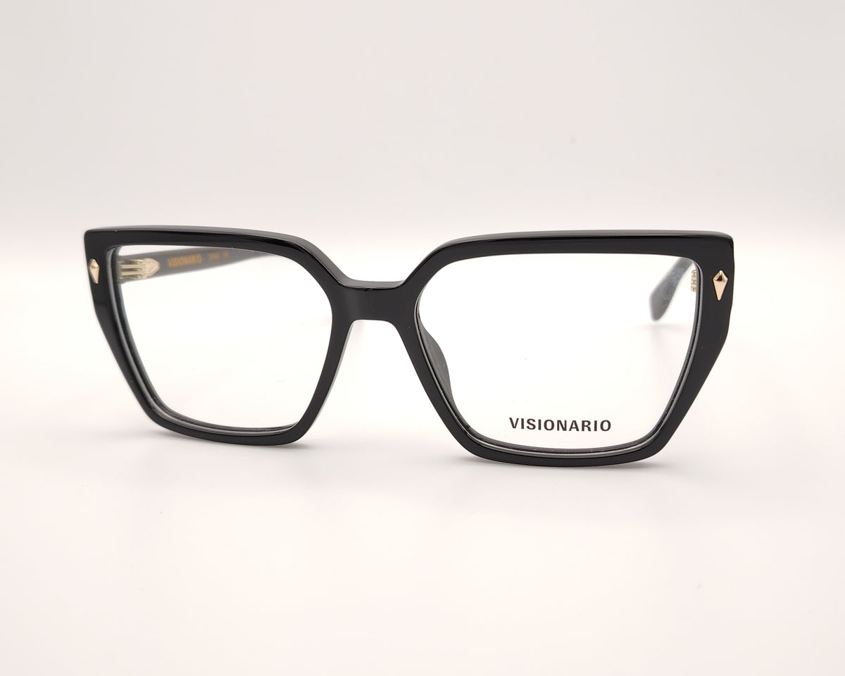gafas de pasta negras con forma rectangular y detalle dorado en las esquinas delanteras, modelo visionario