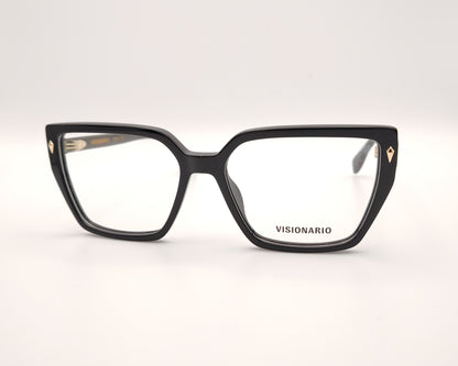 gafas de pasta negras con forma rectangular y detalle dorado en las esquinas delanteras, modelo visionario