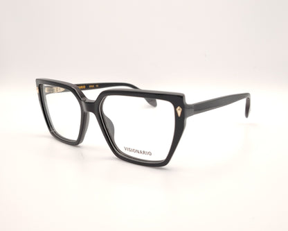 gafas de pasta negras con forma rectangular y detalle dorado en las esquinas delanteras, modelo visionario