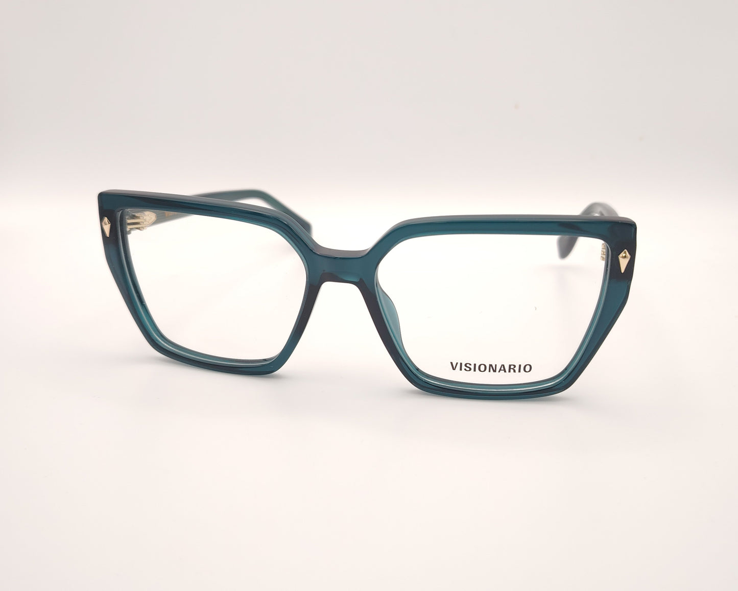 gafas de vista en acetato verde petróleo con forma trapezoidal y detalles metálicos dorados