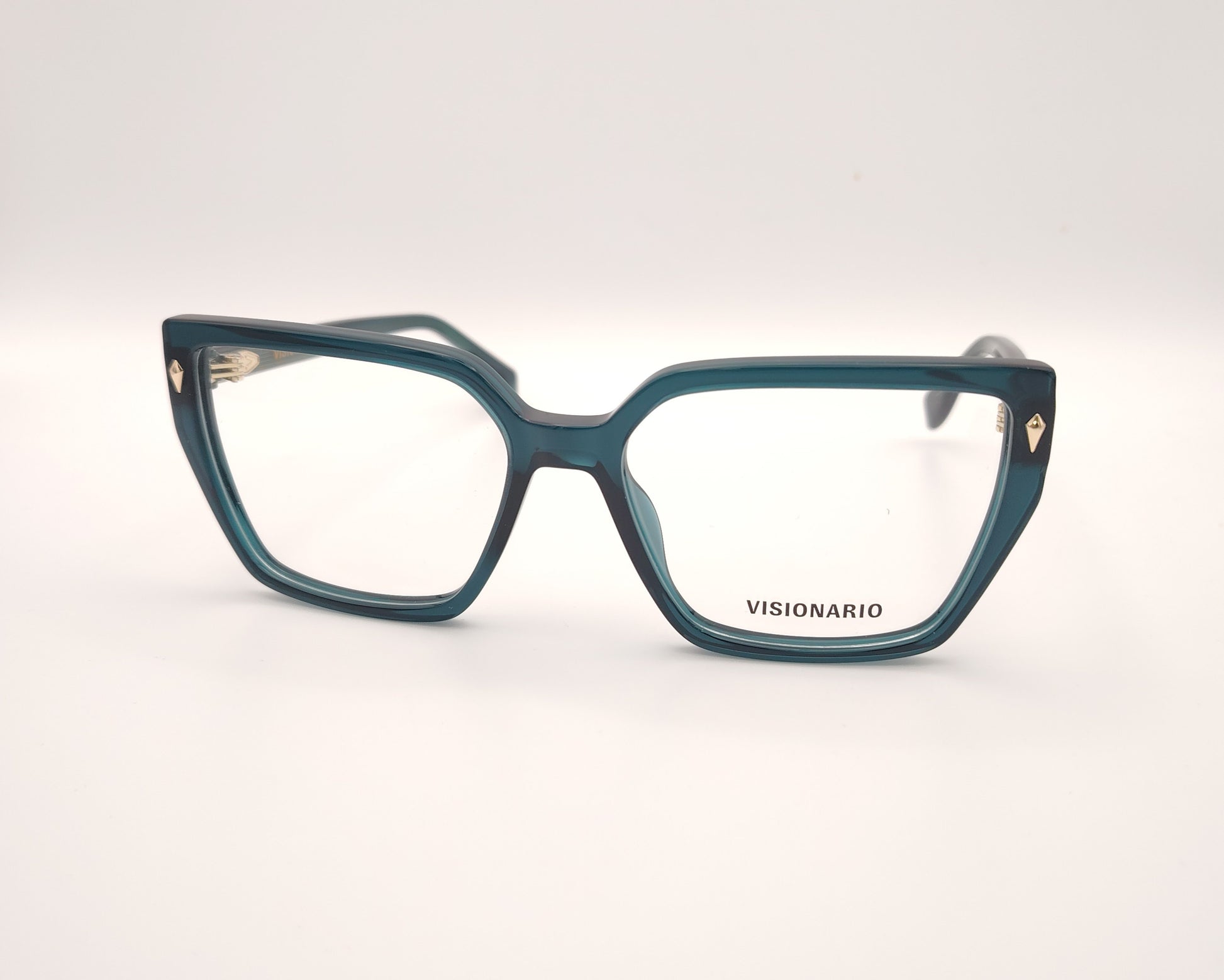 gafas de vista en acetato verde petróleo con forma trapezoidal y detalles metálicos dorados