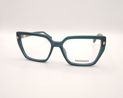 gafas de vista en acetato verde petróleo con forma trapezoidal y detalles metálicos dorados