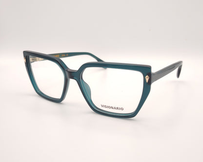 gafas de vista en acetato verde petróleo con forma trapezoidal y detalles metálicos dorados