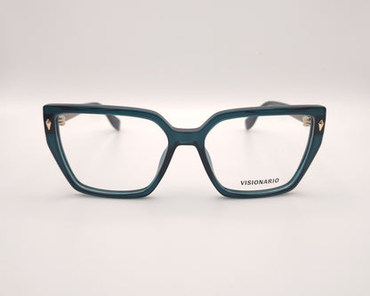 gafas de vista en acetato verde petróleo con forma trapezoidal y detalles metálicos dorados