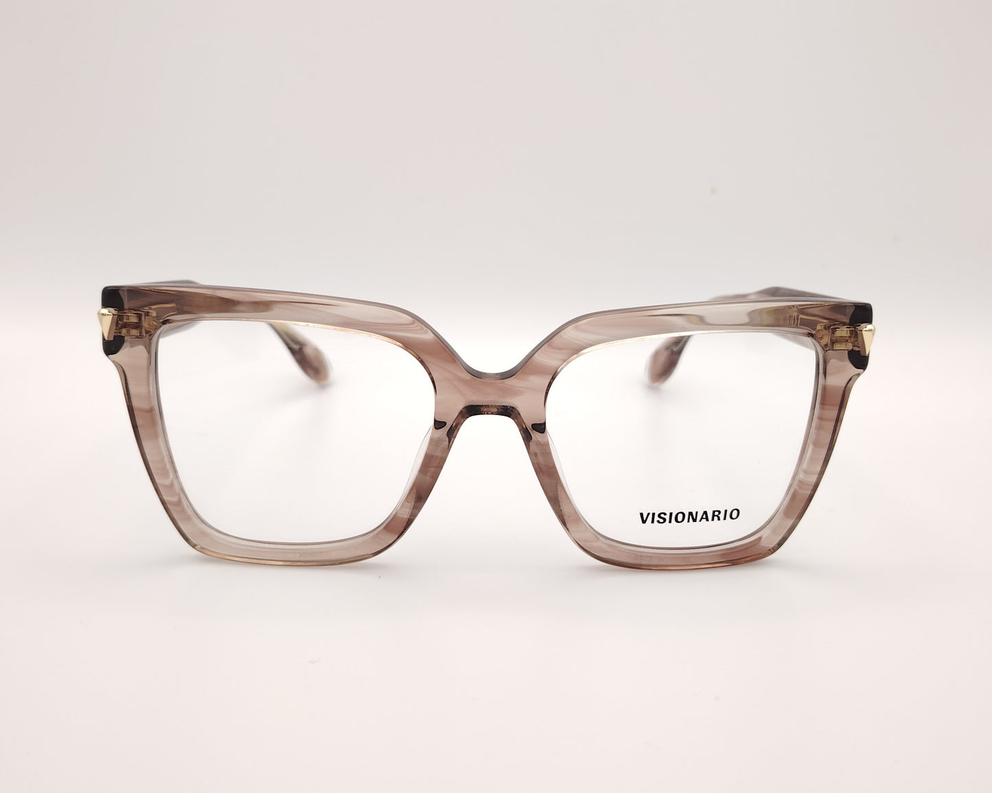 gafas de acetato cuadradas color nude ahumado con detalle dorado en la varilla