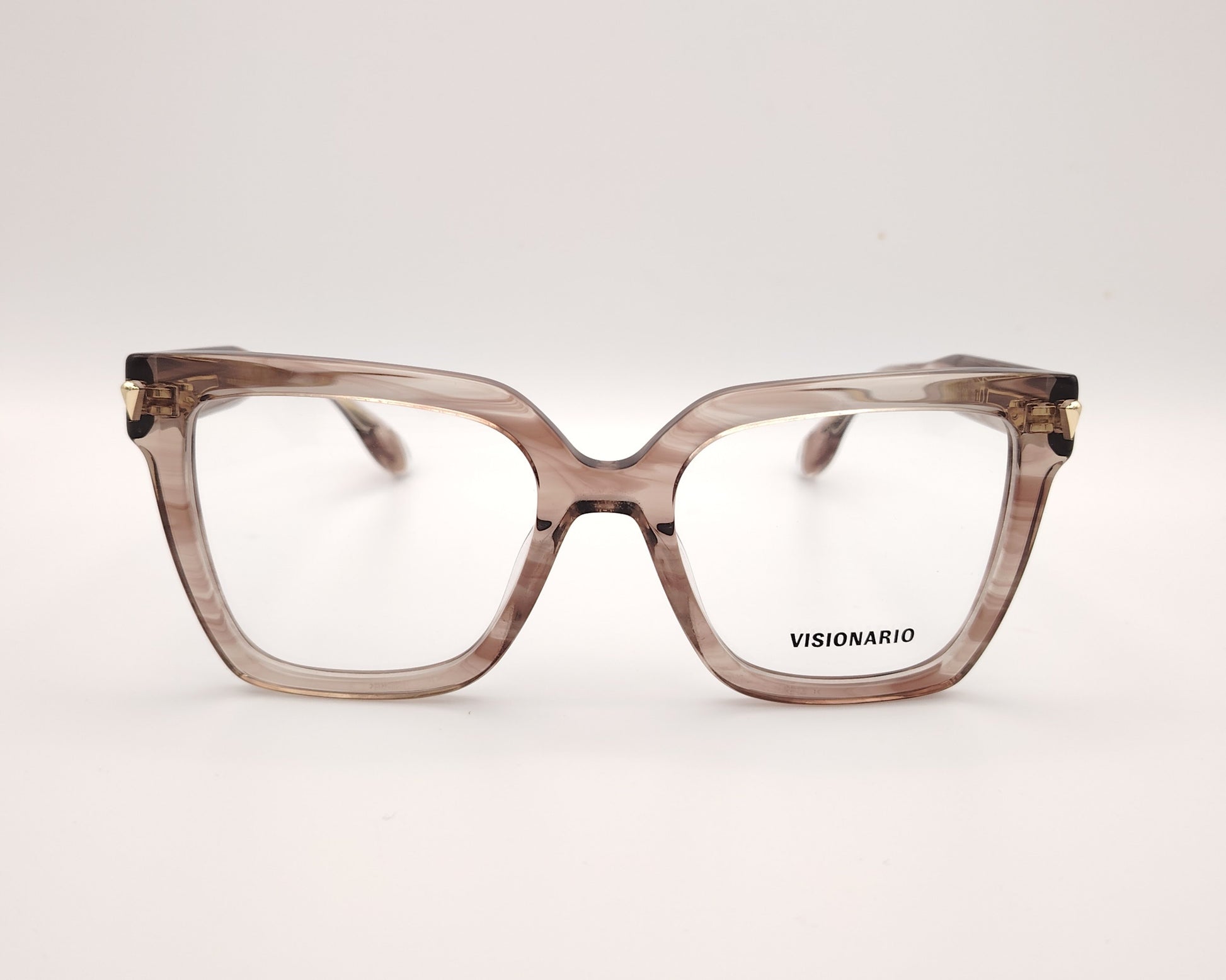 gafas de acetato cuadradas color nude ahumado con detalle dorado en la varilla