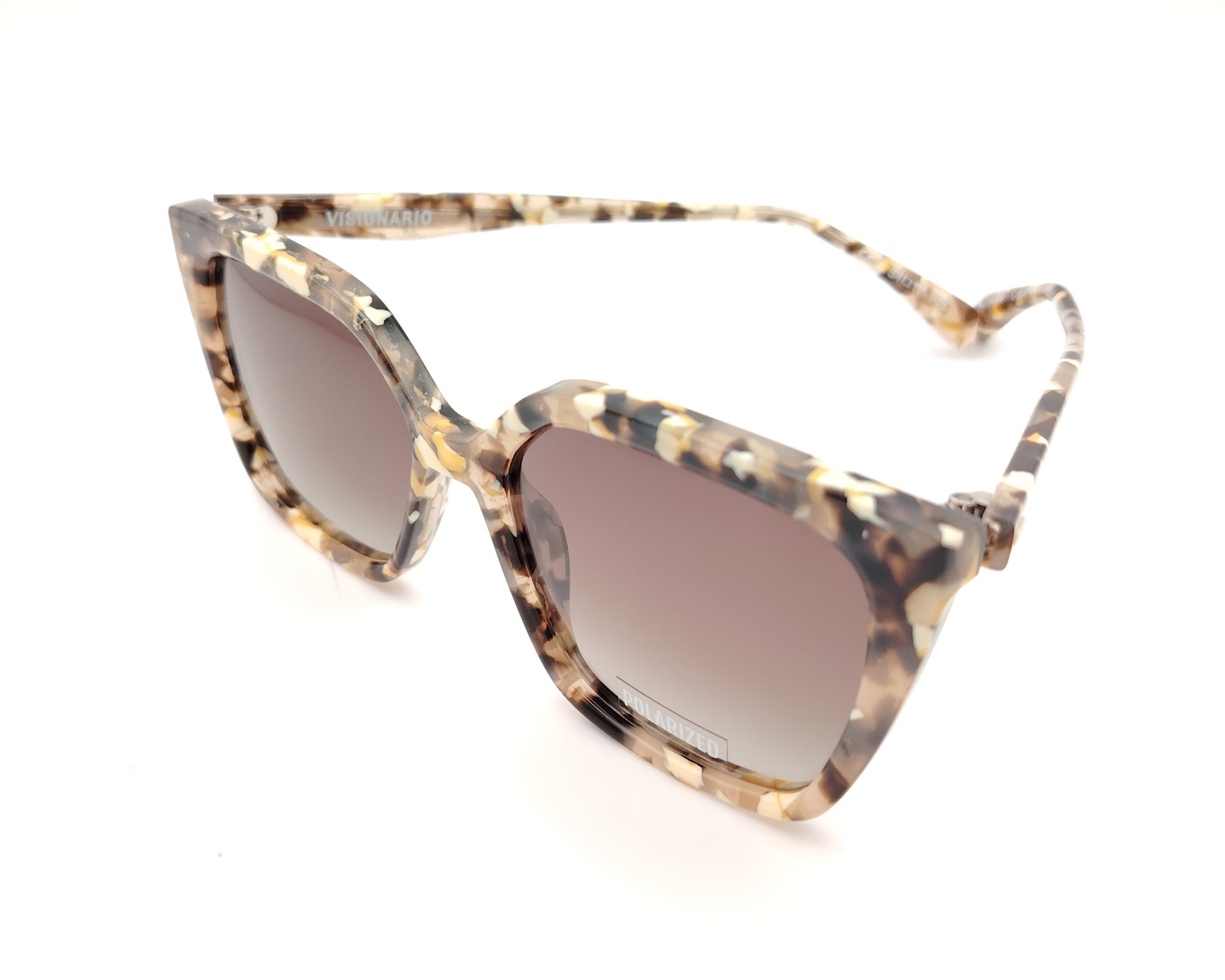 gafas de sol visionario carey jaspeado con lentes polarizadas marrones y forma geométrica ligeramente cat eye
