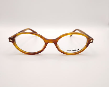 gafas de vista ovaladas en acetato ámbar con detalles metálicos dorados de la marca visionario