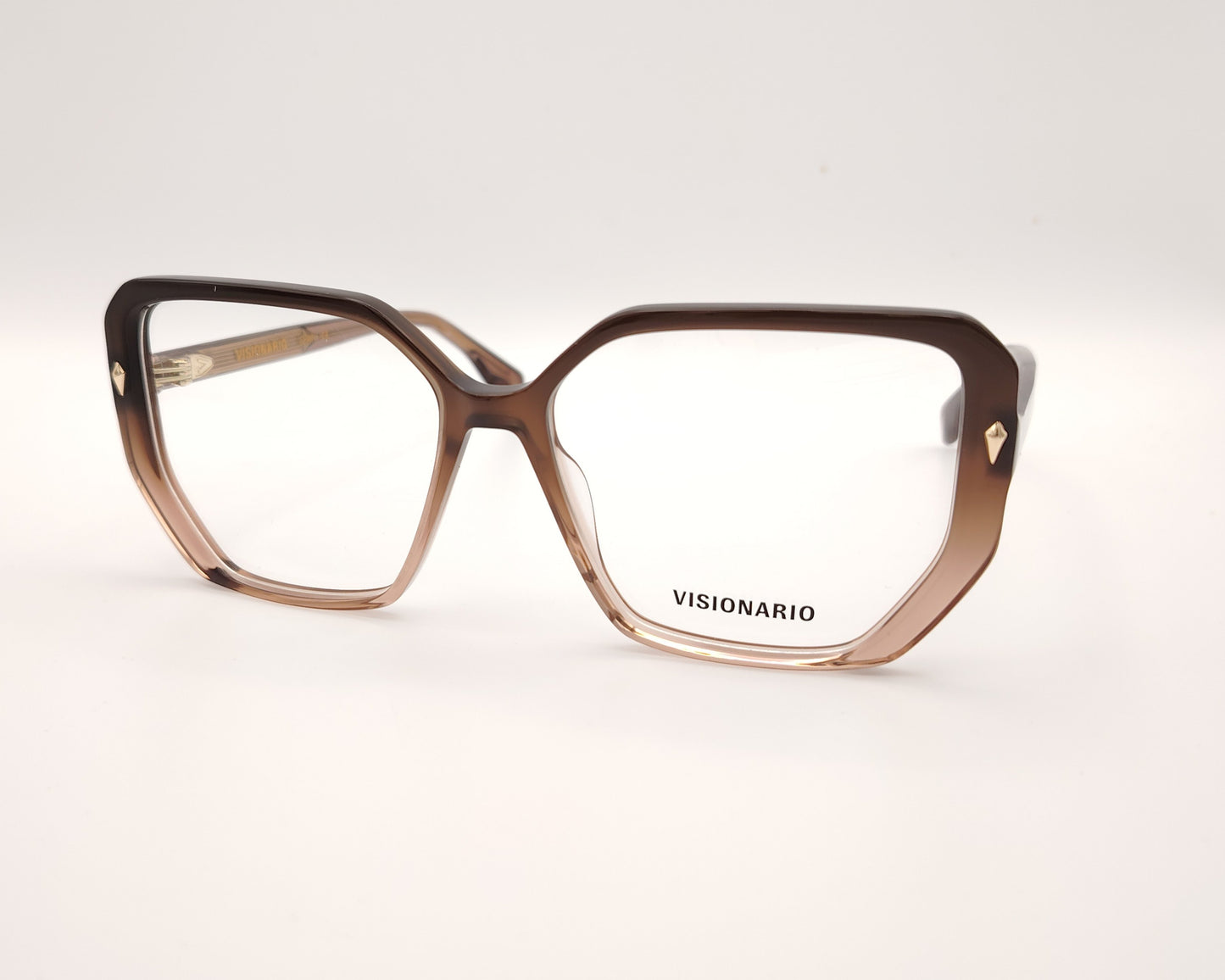 gafas de vista octogonales en acetato degradado marrón claro a oscuro con detalles metálicos dorados