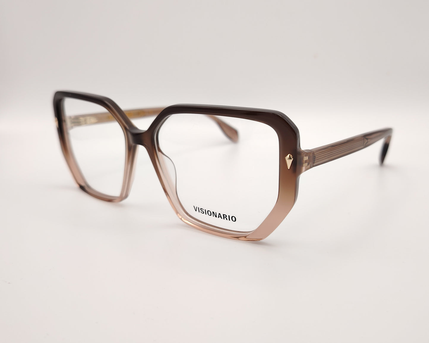 gafas de vista octogonales en acetato degradado marrón claro a oscuro con detalles metálicos dorados