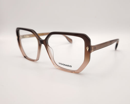 gafas de vista octogonales en acetato degradado marrón claro a oscuro con detalles metálicos dorados