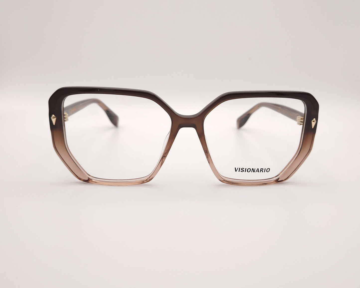 gafas de vista octogonales en acetato degradado marrón claro a oscuro con detalles metálicos dorados