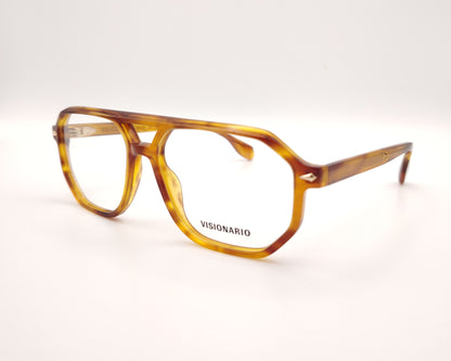 gafas de vista estilo aviador en acetato ámbar con diseño geométrico