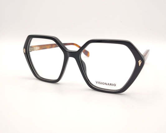 gafas con forma hexagonal y frontal negro con varillas en carey ámbar marca visionario