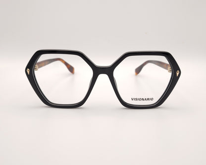 gafas con forma hexagonal y frontal negro con varillas en carey ámbar marca visionario